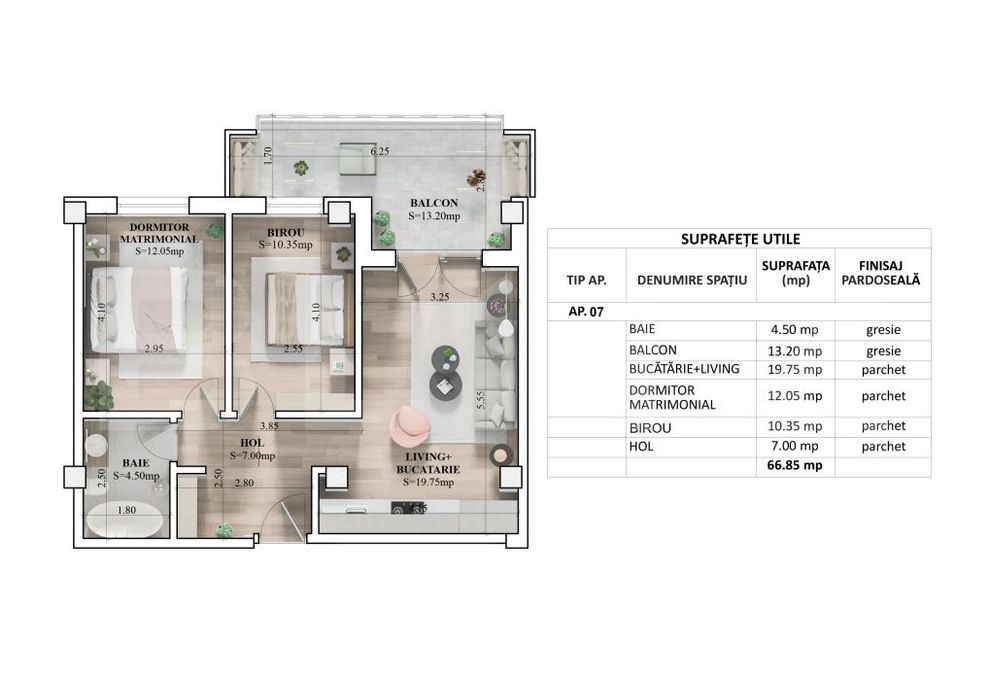 Apartament 3 camere, 66.85 mp, zona Galata