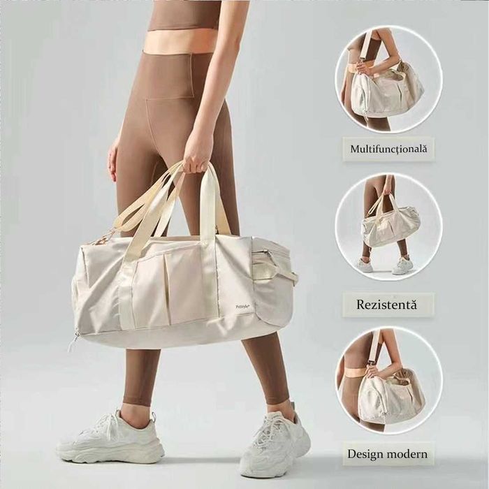 Geanta Sport, Buzunar Separat Impermeabil si Compartiment pentru Incaltaminte, 26cm x 47cm x 23cm, Neagra/Bej/Verde inchis, PriStyle®