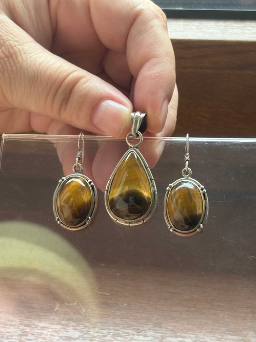 Set argint 925+piatră ochi de tigru/cercei+pandantiv/lucrat manual/17g