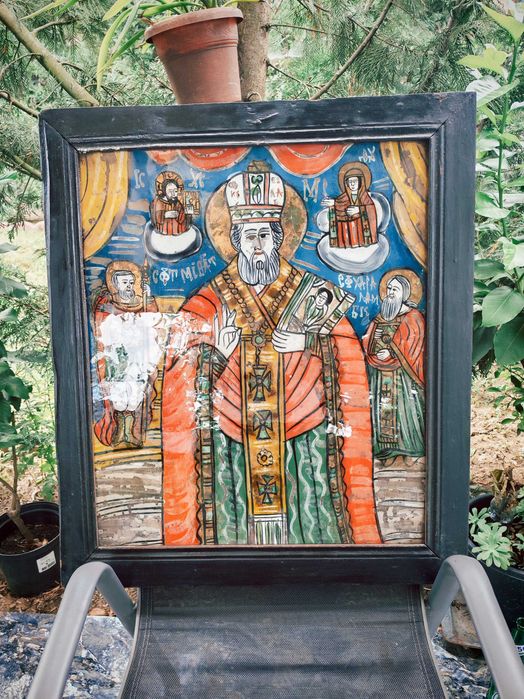 Icoană veche pe glaja (sticlă), secolul XIX, 61x51 cm, Școala Șcheii Brașovului / Țara Oltului