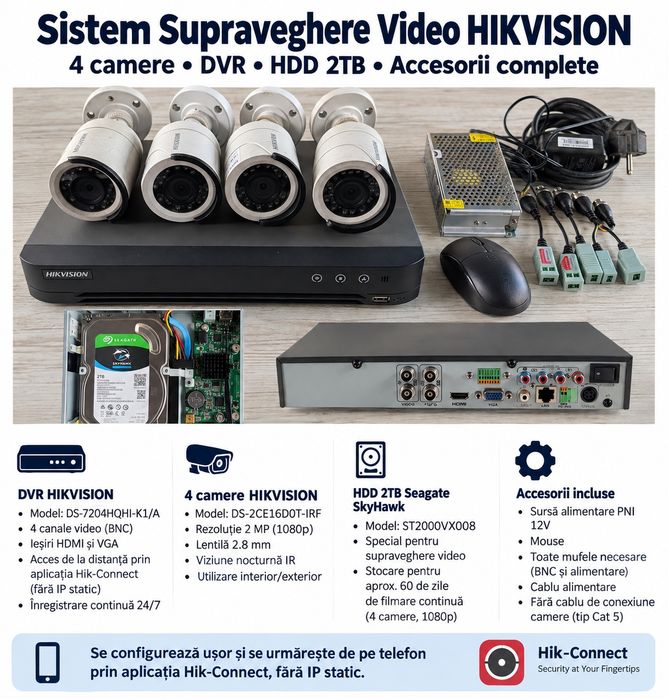 Sistem supraveghere video Hikvision – 4 camere + DVR + HDD 2TB