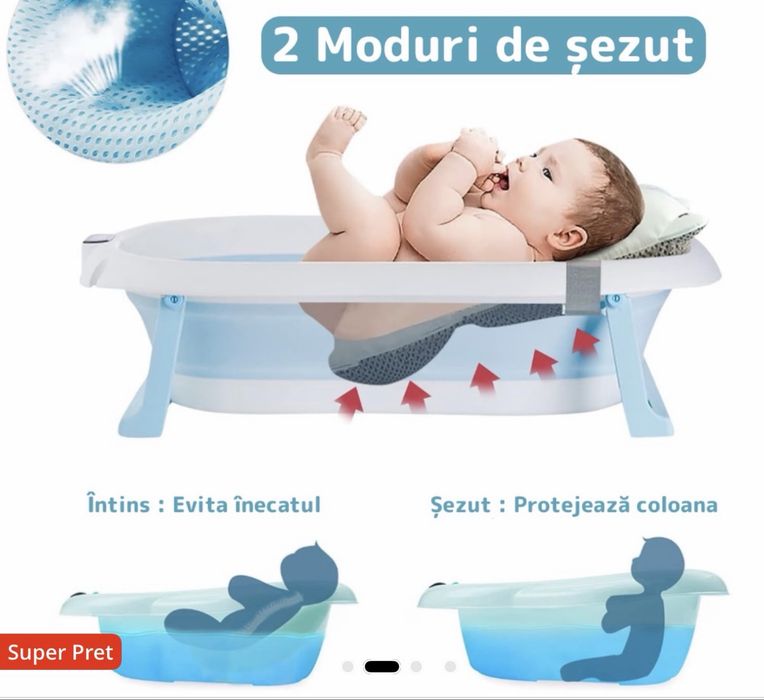 Cădiță cu pernuță pentru bebeluși, termometru digital incorporat, bleu