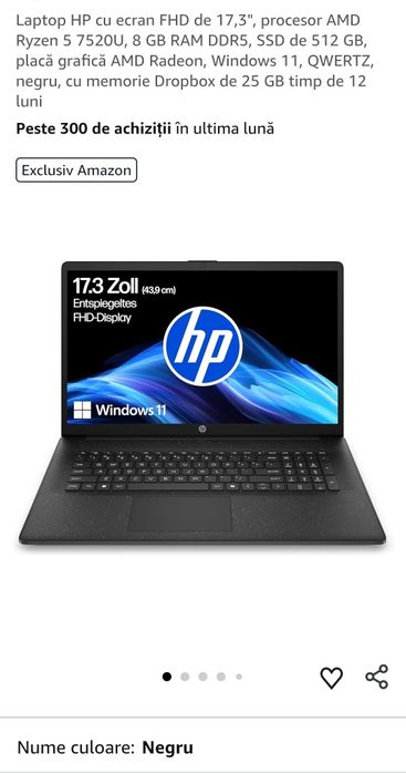 Laptop HP cu ecran FHD de 17,3", procesor AMD Ryzen 5 7520U, 8 GB RAM