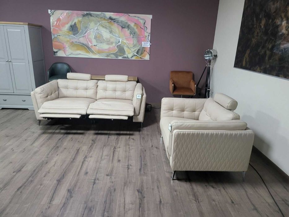 Кремав кожен диван тройка с ел. релакс механизъм и фотьойл