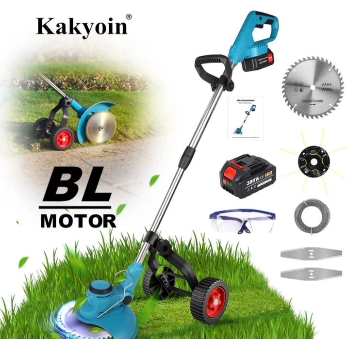 Акумулаторен тример за трева-храсторез с добавени колела и 2 батерии