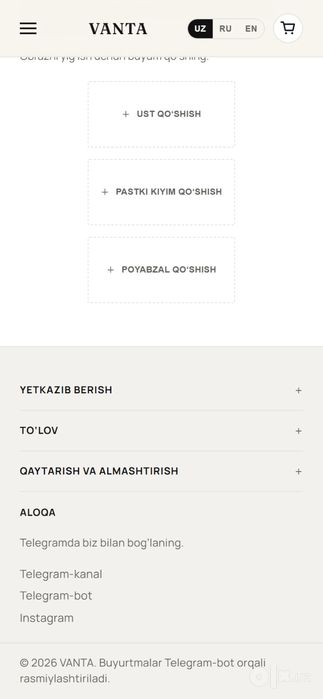 Tayyor online biznes kiyim do’kon sayti + telegram bot + instagram