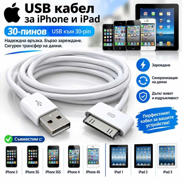 Кабел за iPhone 2 3G 3GS 4 4S iPad 1 2 3 iPod зарядно 2G USB
