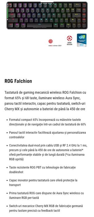 Tastatura Gaming ASUS ROG Falchion Cherry MX Red