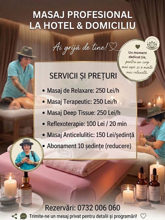 Masaj profesional terapeutic sau relaxare  la domiciliu sau hotel