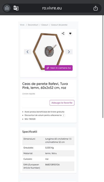 Ceas perete lemn hexagonal/ Piesă decorativă