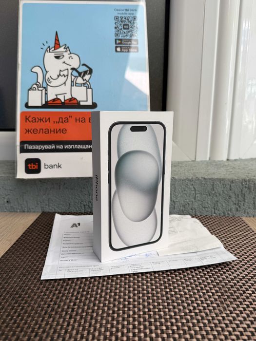 24М ГАР! НЕразпечатан! iPhone 15 Лизинг от 21€/мес Black черен 128gb