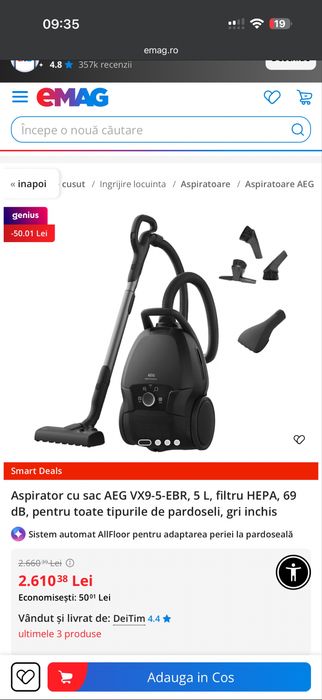 Aspirator cu sac AEG VX9-5-EBR, 5 L, Filtru HEPA, Silențios, Nou, Sigilat