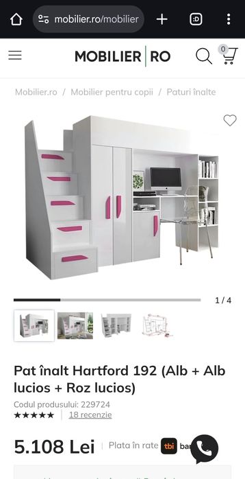 Pat inalt cu birou, mobilier fete