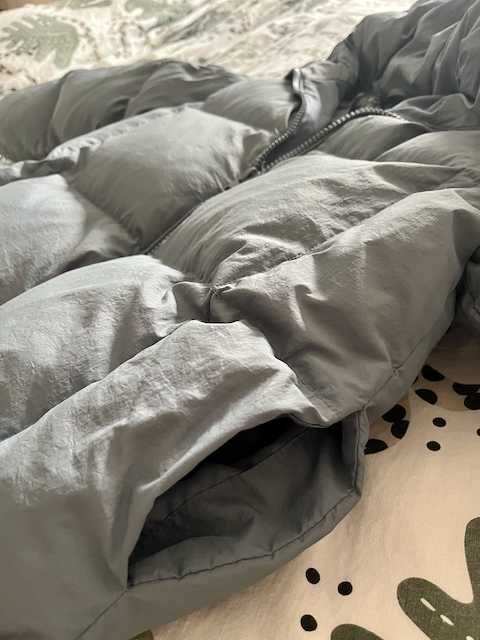 Дълго пухено яке Зара, синьо-сиво, естествен пух/пера, водоустойчиво