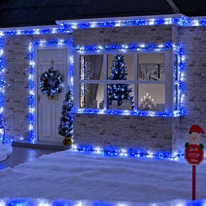 Коледни лампички 10м верига-въженце 100LED диода син+бял цвят с 8 режима на светене