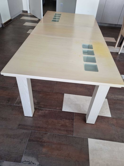 Разтегателна трапезна маса МДФ+стъкло 80/140(180)/75, цвят парен бук