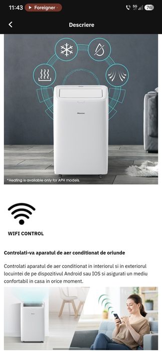 Aer conditionat portabil HISENSE APC12QC, 12000 BTU, A, Wi-Fi, Functie Dezumidificare, kit instalare inclus, alb