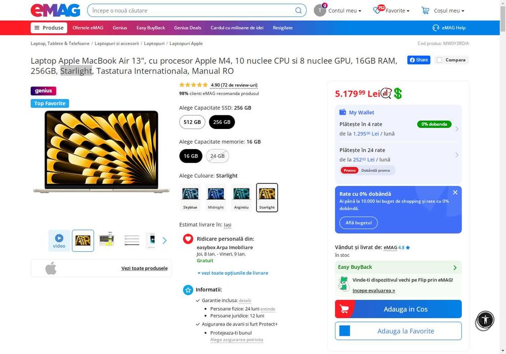 Laptop Apple MacBook Air 13 M4 16GB 256GB sigilat GARANTIE 2027