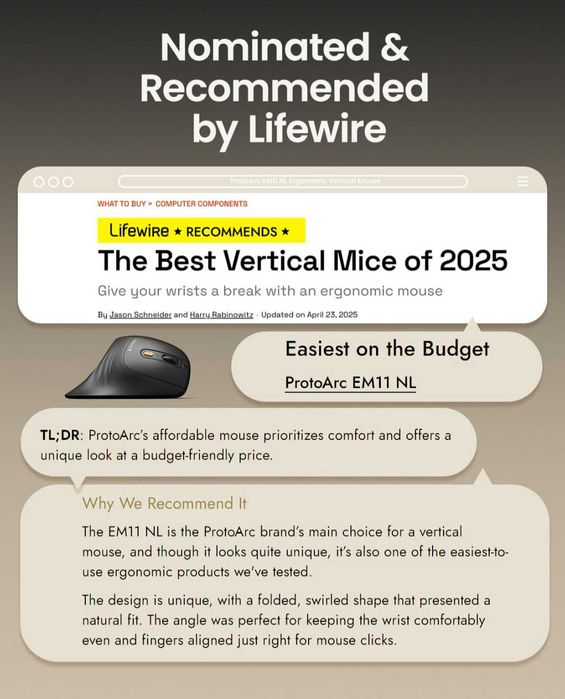 ProtoArc Ергономична мишка EM11 NL Bluetooth презареждаща  се безжична