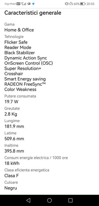 Vând Monitor LED LG 21.5", FHD, FreeSync, FlickerFree, HDMI