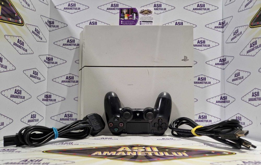 Asii Amanetului - Consola PlayStation 4 (PS4) Fat Alba, model CUH-1116A cu o maneta, cablu HDMI, cablu alimentare