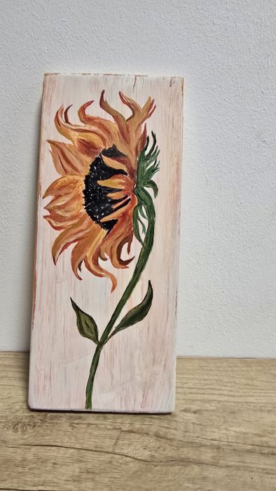 Floarea Soarelui - Pictură pe Lemn - Decor Rustic/Boho Unicat