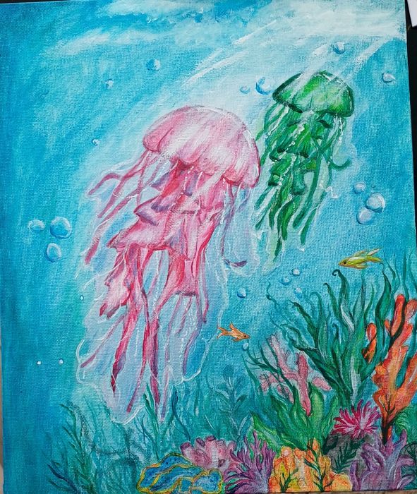 Piesă unicat artă marină - Tablou acrilic meduze, 25x30 cm