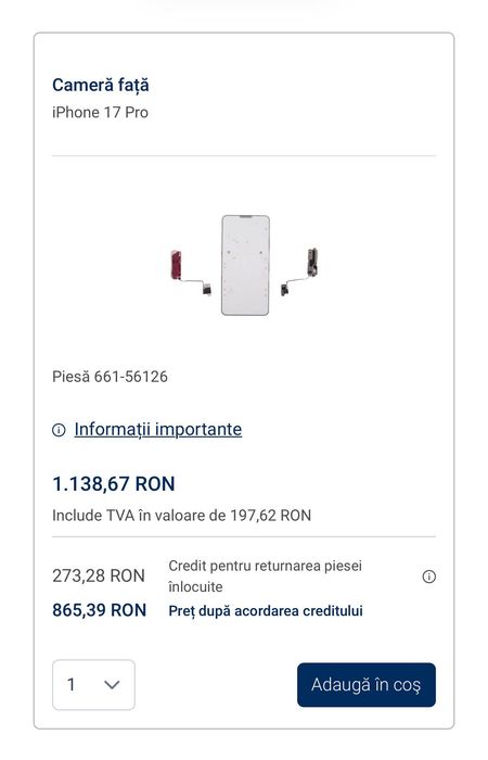 Camera frontala TrueDepth FaceID iPhone 17 Pro
