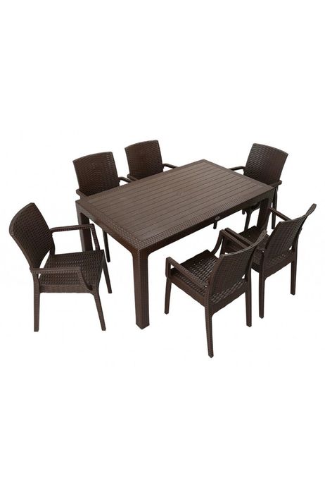 Set mobilier gradina CULINARO SILLAMAEE imitatie ratan, masa 90x150x75cm, 6 scaune 62x58xH88cm polipropilena/fibra sticla maro