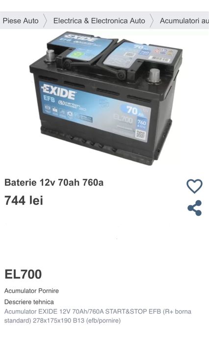 baterie auto 70ah cu start stop