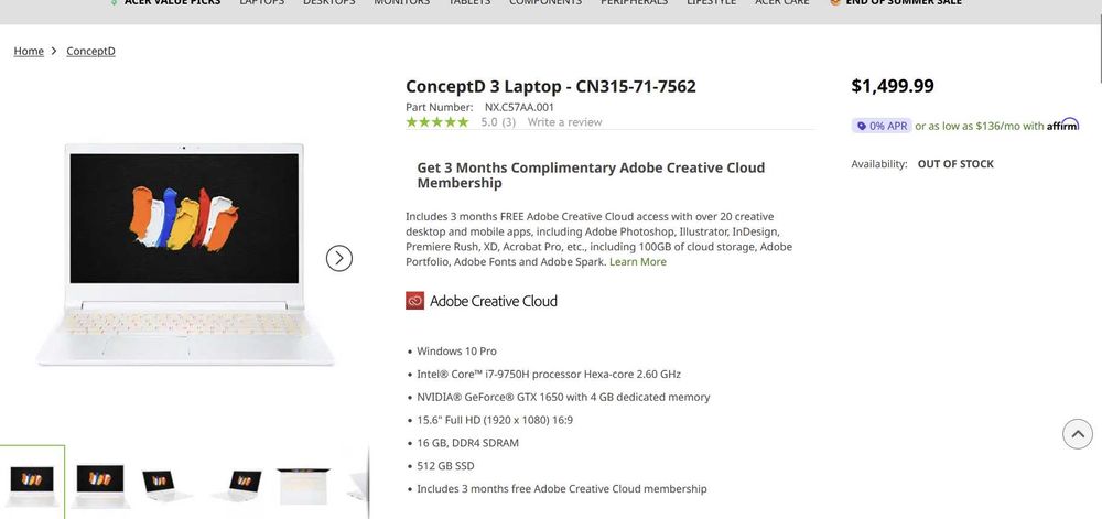 Laptop Acer ConceptD 3 – i7 9750H, 24GB RAM, GTX 1650 4GB