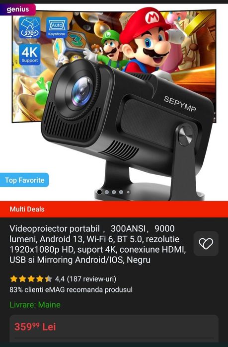 Hy320 videproiector smart 4k suport