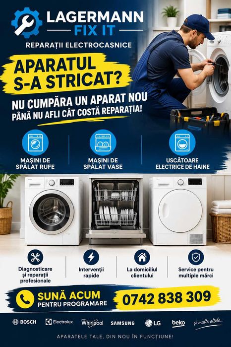 Reparatii masini de spalat rufe, masini de spalat vase, uscatoare de rufe