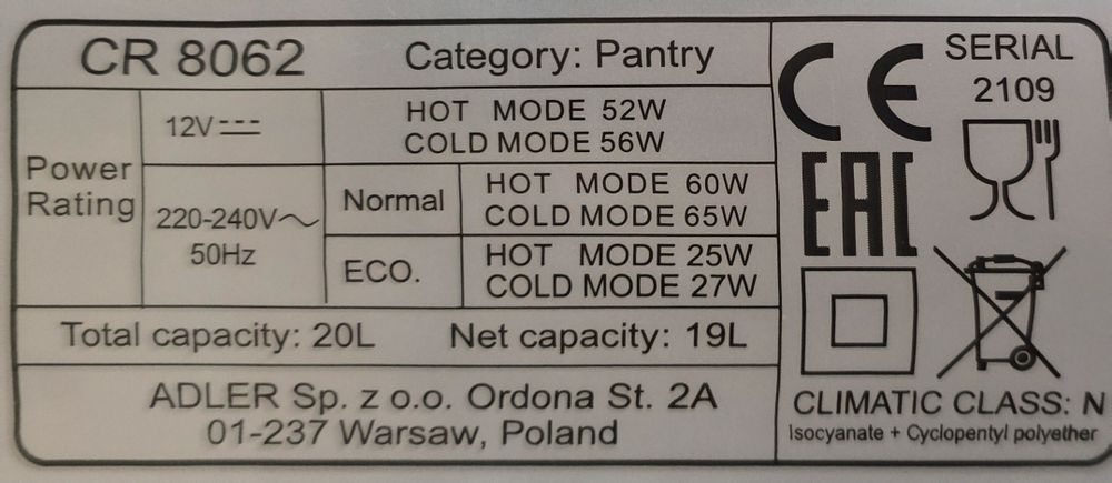 Minifrigider portabil Camry CR 8062, 20 l, Alimentare 220V si auto 12V