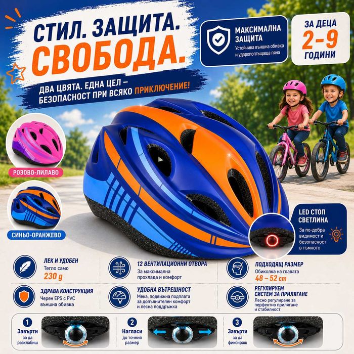 Детска каска за велосипед със заден LED стоп, Олекотена, Регулируема 48–52 см