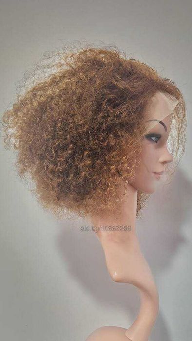 Къса естествена афро перука с обем - кафява с руси кичури | Lace Front 13x4