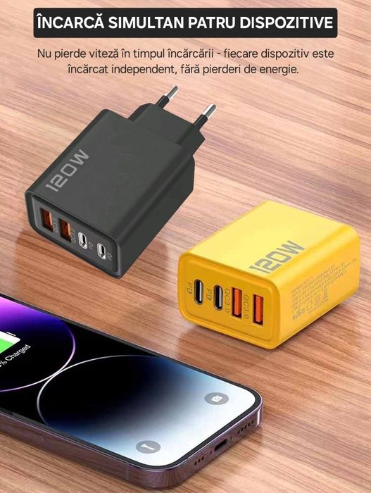 Încărcător 120W 4in1: 2Usb+2UsbC PD. Universal, multi dispozitiv. QC 3