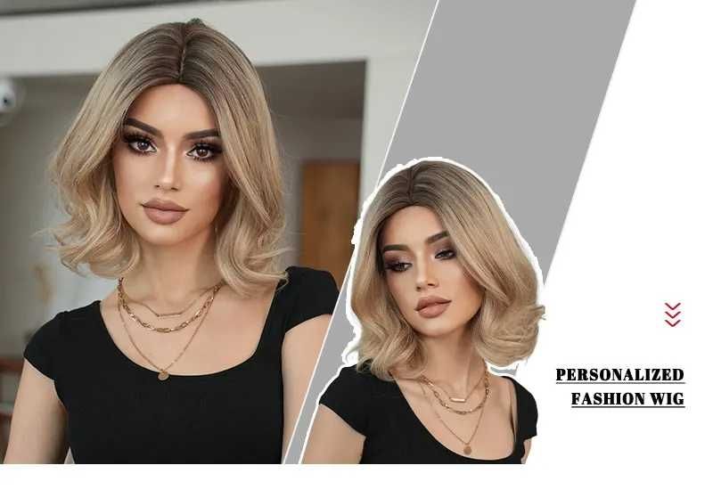 Перука 37 см руса, чуплива омбре с тъмни корени и естествен път