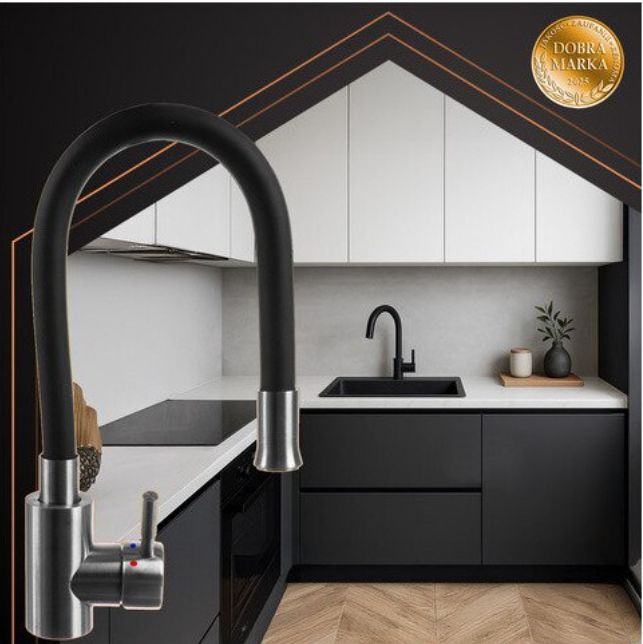 Baterie chiuveta bucatarie, 360°, comutator debit, Negru/Argintiu