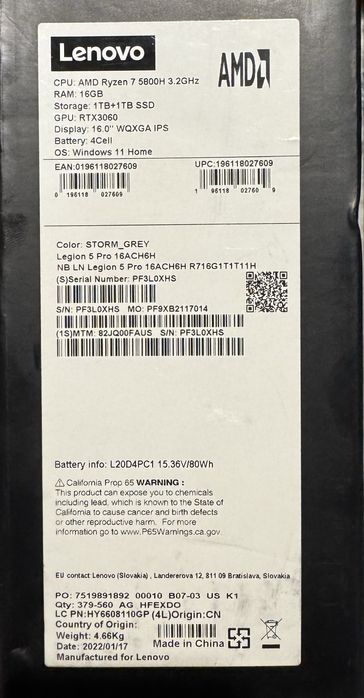 Ноутбук Lenovo Legion 5 Pro Amd Ryzen 7 5800H RTX3060 2 TB SSD