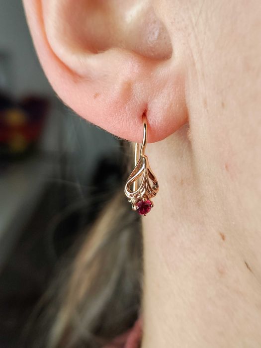 Cercei Aur retro 14K Cu Rubelit Polonia Stil Rusesc 583