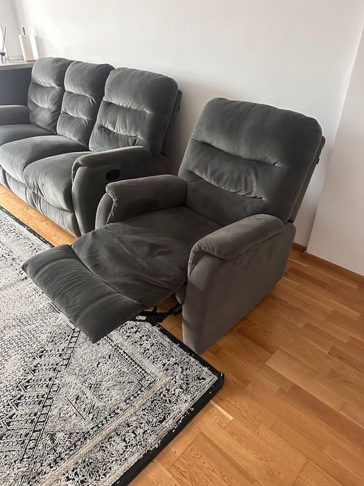 Fotoliu si Canapea Kring cu 3 locuri, 2 reclinere si 3 trepte de confort, Gri, 193 x 100 x 101 cm