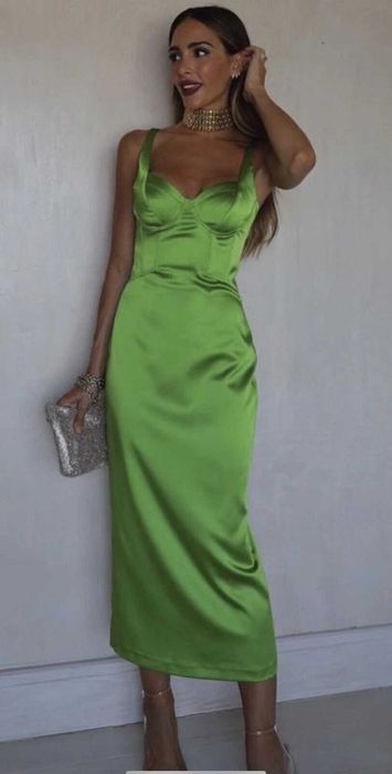 Rochie ZARA verde lime XS corset midi stramt bra cups fistic satin nou