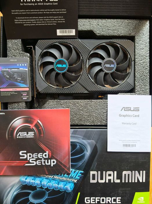 ASUS DUAL GeForce RTX 3060 Ti MINI OC Edition 8GB GDDR6 с кутия и всички аксесоари