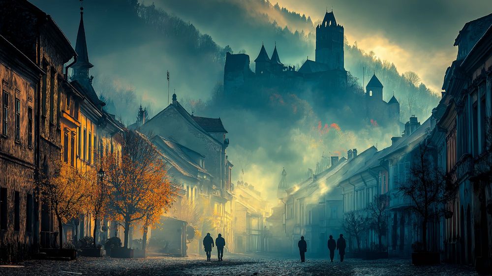 Tablou canvas Ceața dimineții, oraș vechi medieval, atmosferic, 80×45 - 140×78 cm