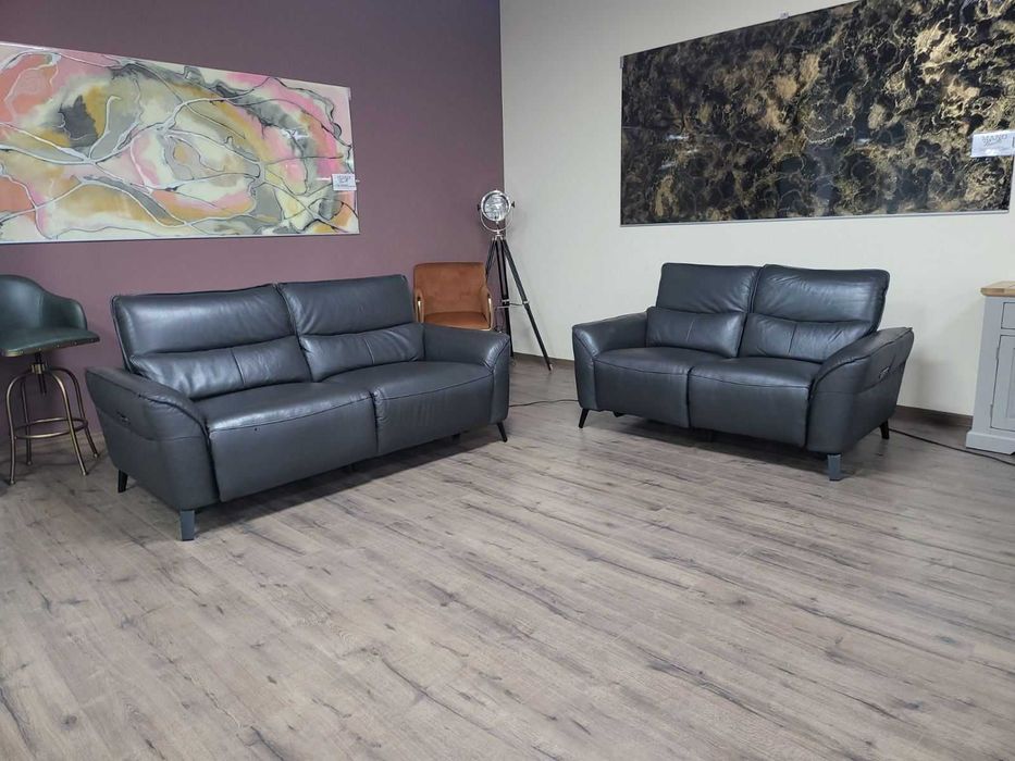 Сив кожен комплект дивани тройка и двойка с ел. релакс механизъм