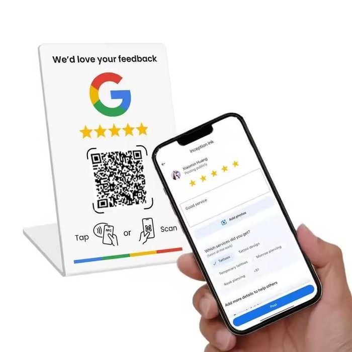 Табела / стойка за Google отзиви с NFC + QR код за ресторант/бизнес
