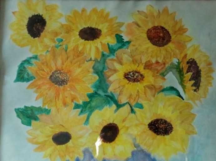 Картина акварелью "Подсолнухи", в раме со стеклом 66х61 см