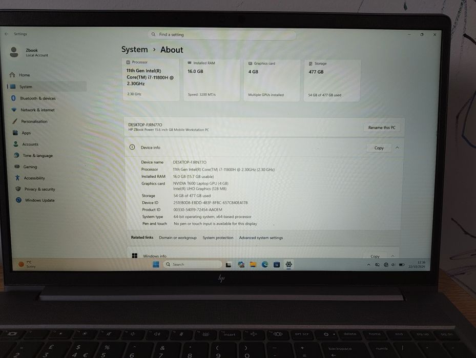 HP ZBook Power G8 workstation i7-11800H, Nvidia T600 4GB, 512GB SSD