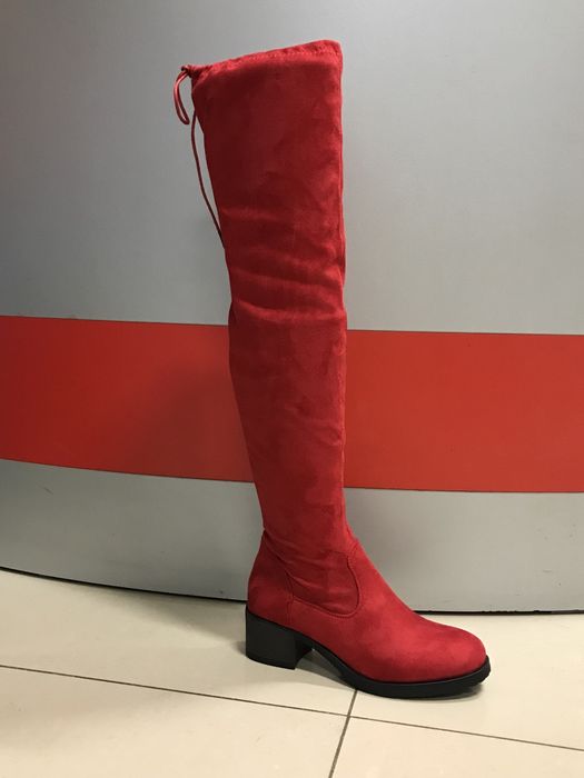 Дамски чизми велур в червено и черно/ПРОМОЦИЯ